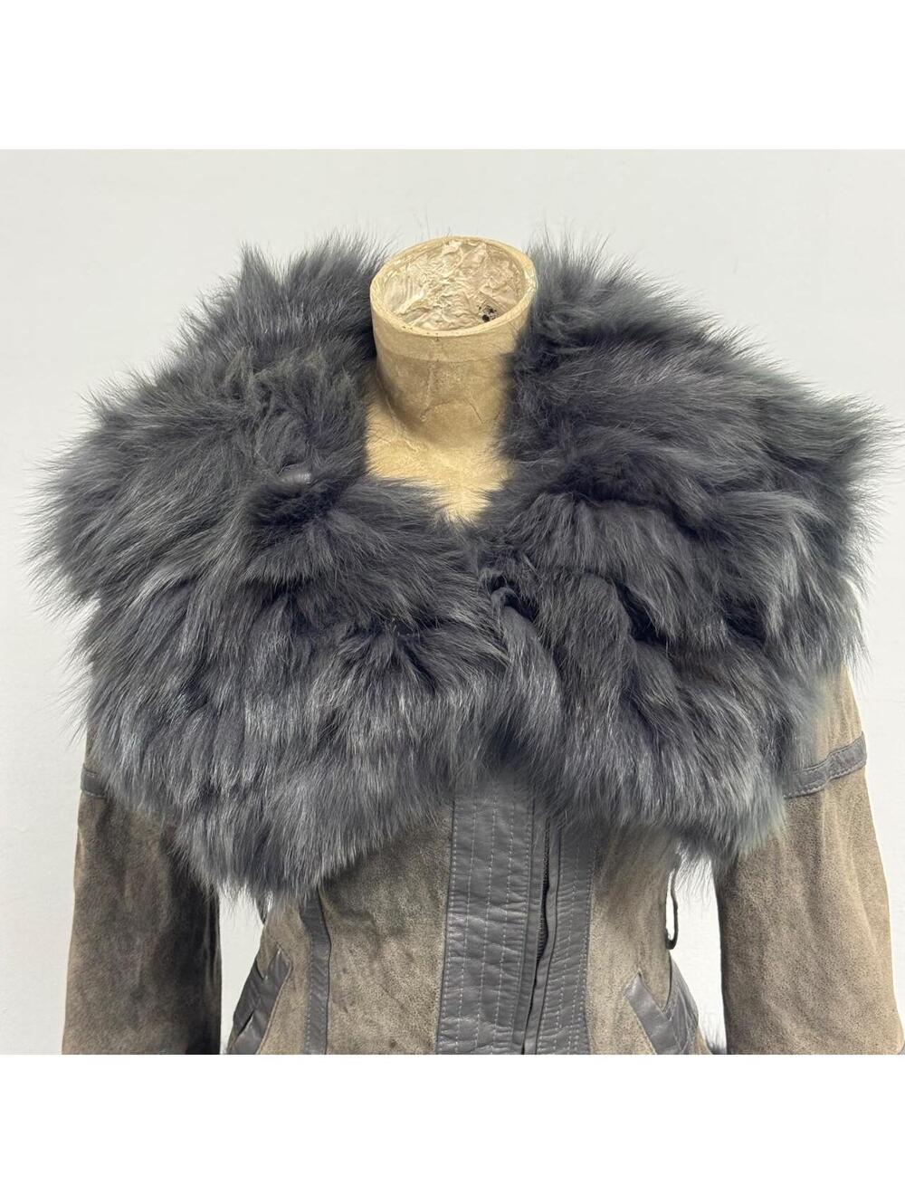 Vintage ONLY Grey Suede Funnel-Neck Fox Fur Jacket - Picture 2 of 8